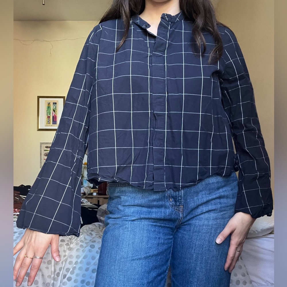 Navy Madewell Windowpane Bell Sleeve Blouse